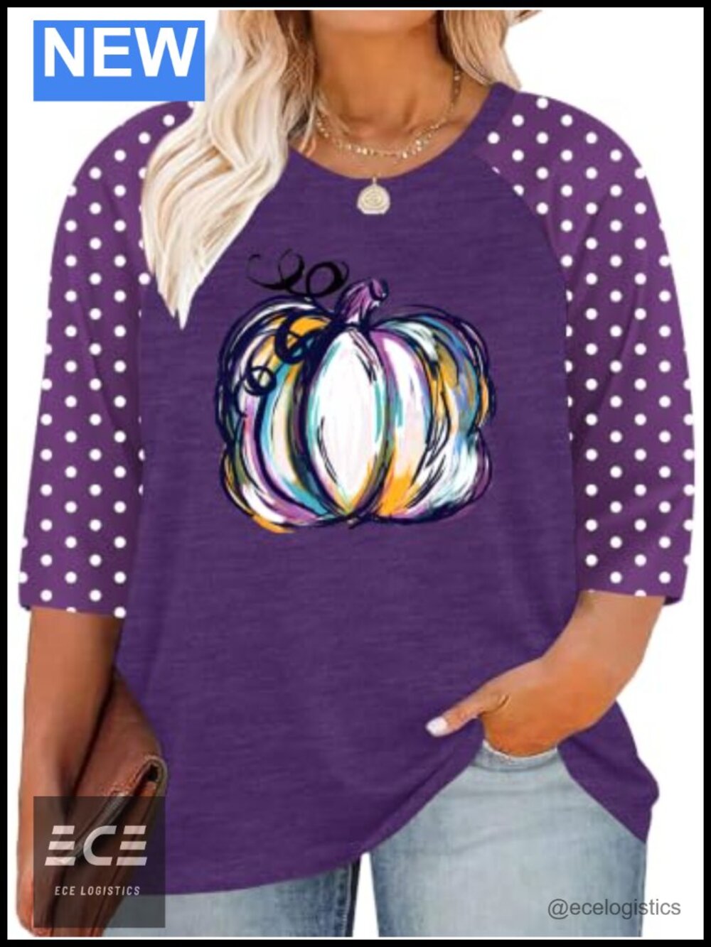 Plus Size Halloween Pumpkin Graphic T-Shirt 3/4 Sleeve Fall Tee